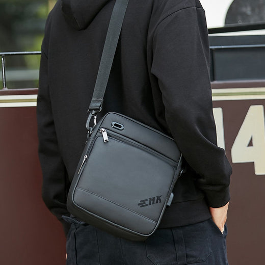 HK Casual Men's Shoulder Bag Large Crossbody Bag USB Charging Travel Sports Chest Bags Waterproof Sling Pack With Headphone Jack