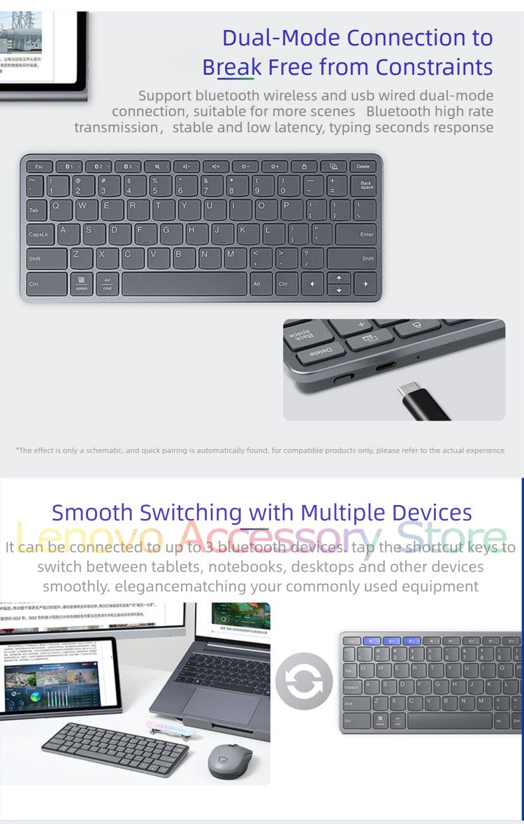 Lenovo Xiaoxin Air Wireless Bluetooth Keyboard Connect 3 Devices Windows10 iPadOS15 Android10 for Laptop Pad Tablet Tab Phones