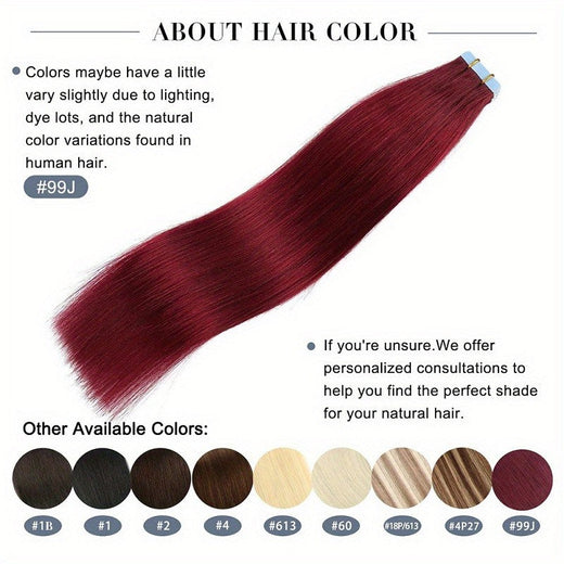 Burgundy Hair Extensions Tape in Real Human Hair Extensions Red #99j Black to Silver Women Straight