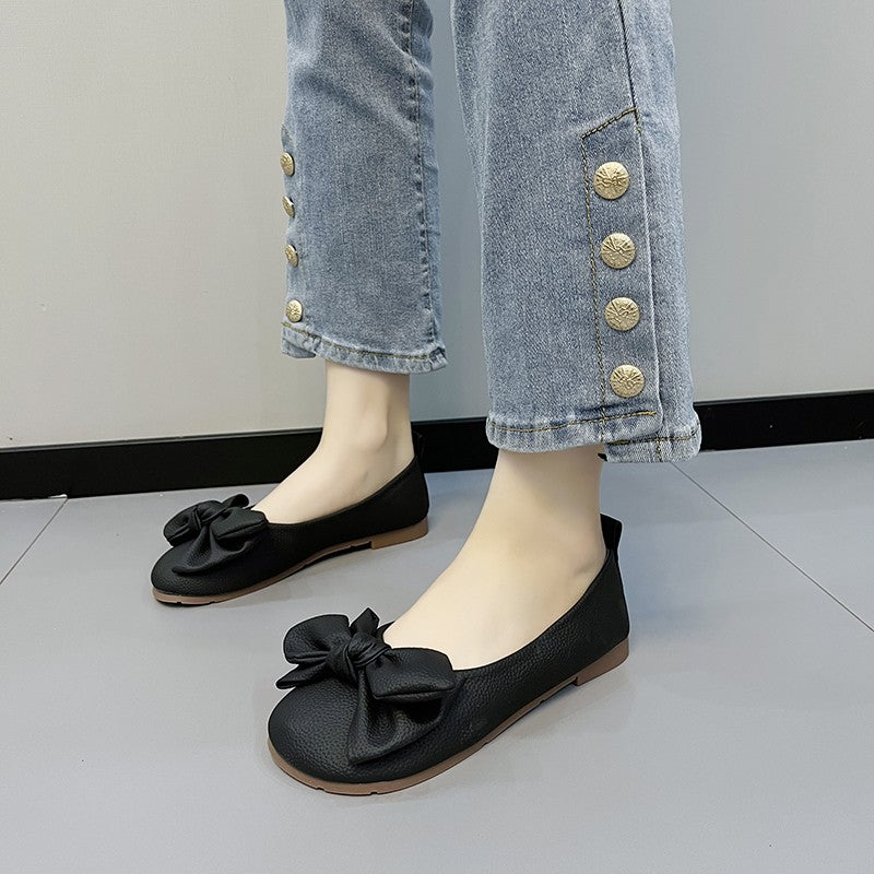 New Luxury Designer Shoes for Women Fashion Butterfly-knot Square Toe Party Leather Ballet Flats Ladies Flat Shoes Loafers Women