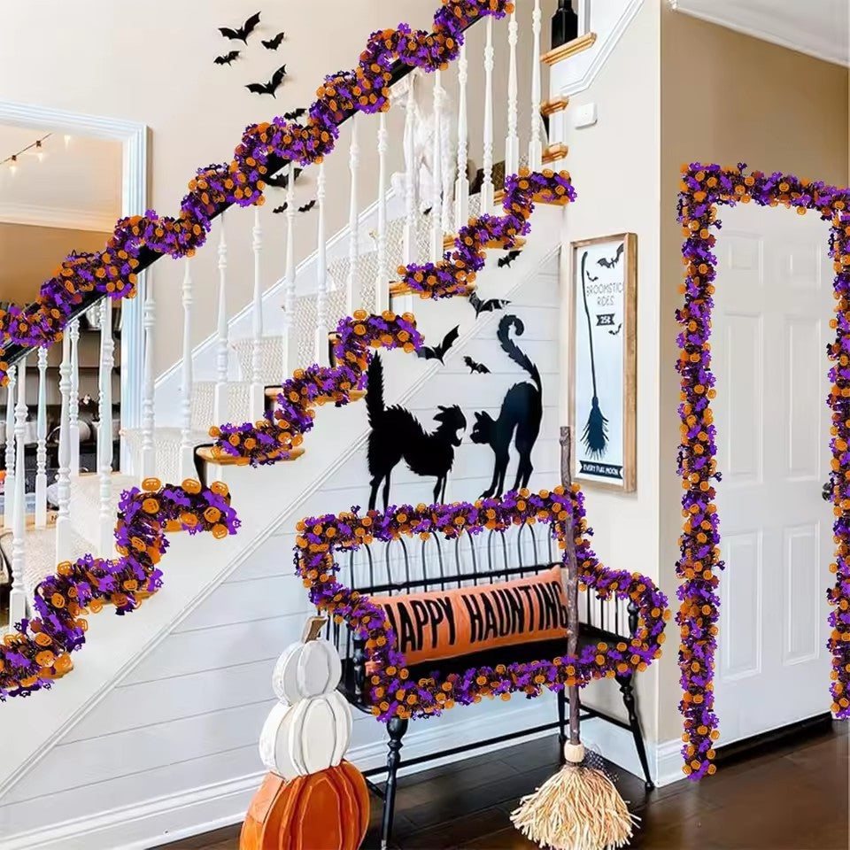 Halloween Tinsel Garland 2M Purple Tinsel Garland with Pumpkin Bat, Halloween Decoration for Indoor Outdoor Garden Party Porch