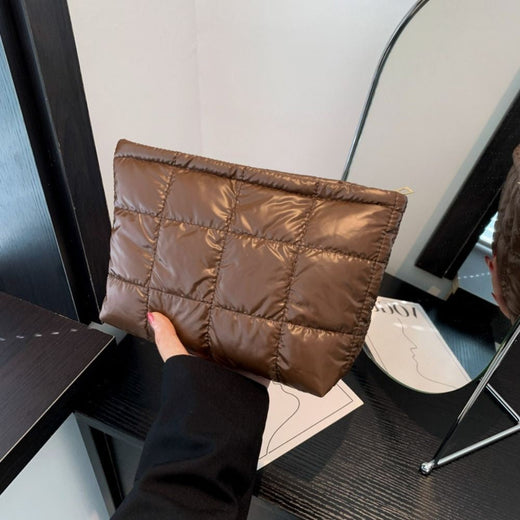 Cotton Filled Puffer Pouch Large Capacity PU Leather Puffer Padded Makeup Bag Sewn Korean Style Thick Plaid Clutch Bag Work