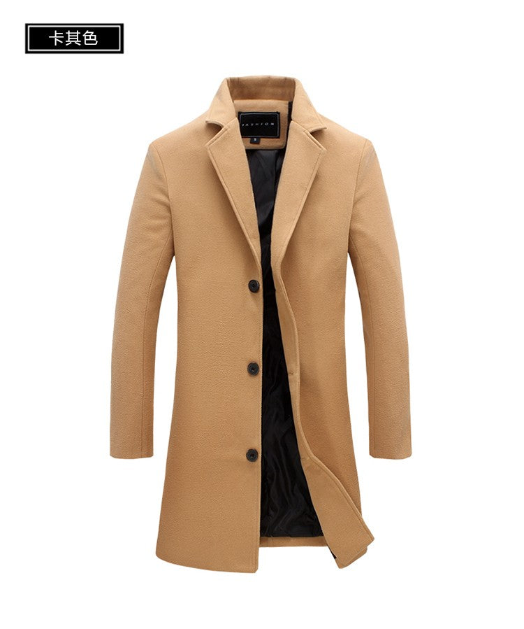 2025 Autumn Winter New Wool Men Long Cotton Coat Blend Pure Color Casual Business Fashion Slim Windbreaker Jacket Men Clothing
