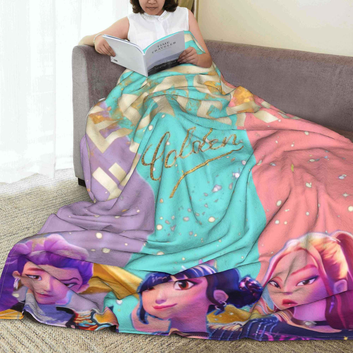kpop Demon Hunters Huntrix Golden Blanket Warm Graphic Plush Throw Blanket For Girls Boys Living Room Flannel Bedspread Cover