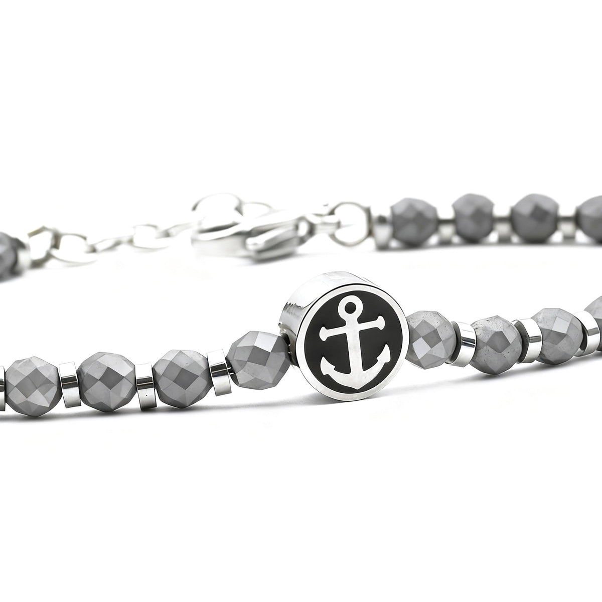 Runda Men's Bracelet with Black Iron Ore Anchor Pendant Stainless Steel Adjustable 22cm Fashion Charm Bead Jewelry