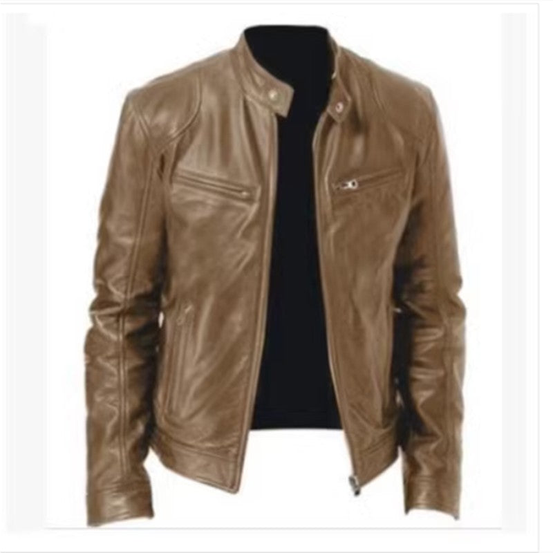2023 Fashion Mens Leather Jacket Slim Fit Stand Collar PU Jacket Male Anti-wind Motorcycle Lapel Diagonal Zipper Jackets Men