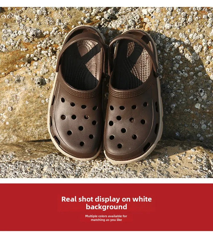 2024 Summer Plus Size Hollow Out Sandals Men's Breathable Slippers Trendy Thick Base Slip-On Beach Shoes Men's Footwear