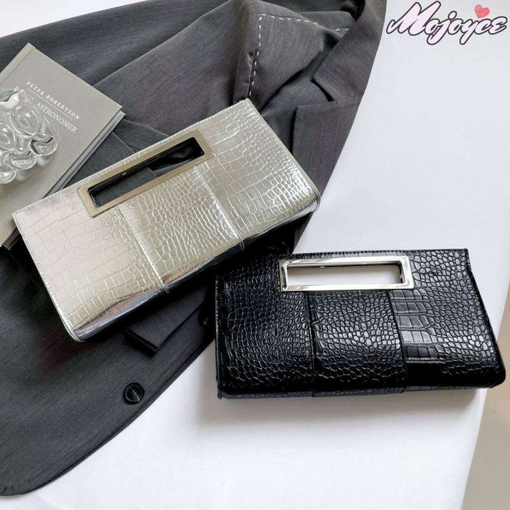 Women Crocodile Pattern PU Leather Clutch Purse Metal Grip Handle Tote Handbag Trendy Evening Bags Chic Black Envelope Party Bag