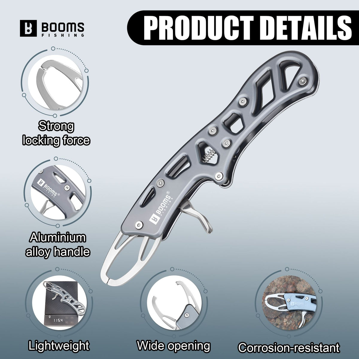 Booms Fishing Aluminum Alloy New Fishing Grip Pliers Fishing Lip Gripper Fish Plier Hand Grip Fishing Accessories