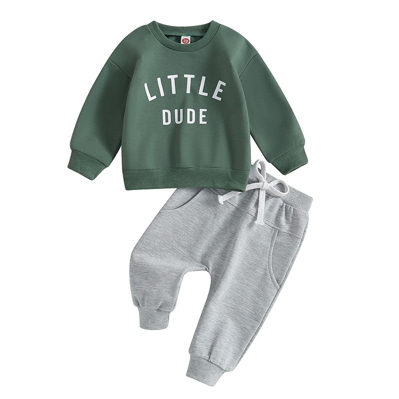 Baby Toddler Boys Fall Winter Outfits Little Dude Letter Printed Long Sleeve Sweatshirts Pants 2Pcs Clothes Set
