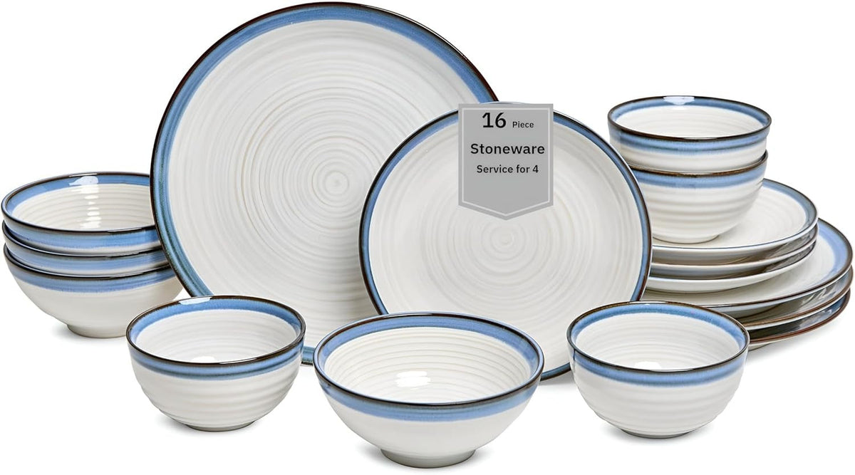 Siterra Santorini 16-Piece White Stoneware Dinnerware Set - Service for 4, Plate & Bowl Set, Rustic White with Reactive Blue Gla