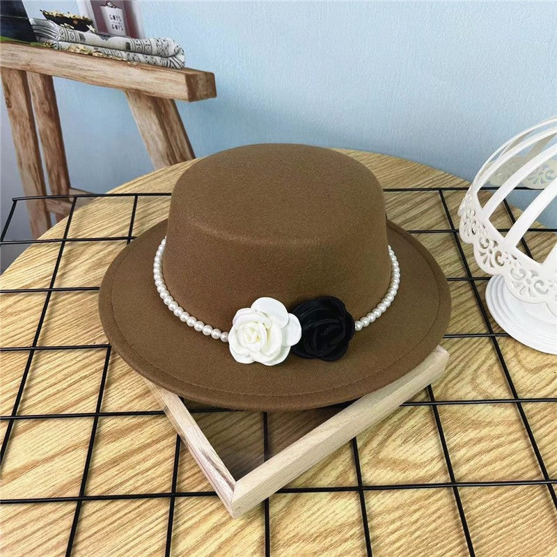 Women's Floral Chain Fedora High Fashion with Pearl Pins Bump Cap Black White Autumen Winter Ladies Fedoras Wide Brim Girl Hat
