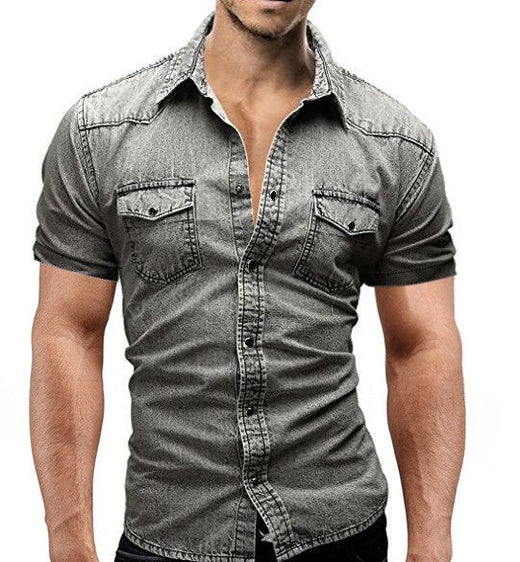 2025 Men Summer Denim Thin Shirt Short Sleeve Soft Cotton Two Pockets Slim Slight Elastic Jeans Cowboy Shirt Clothing