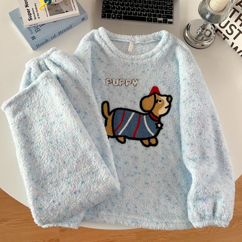 2pcs/Set Pajamas Korean Cute Dog Thickened Warm Fall And Winter Women's Pajamas Long-Sleeved Long Pants Set Sweet New Sleepwear