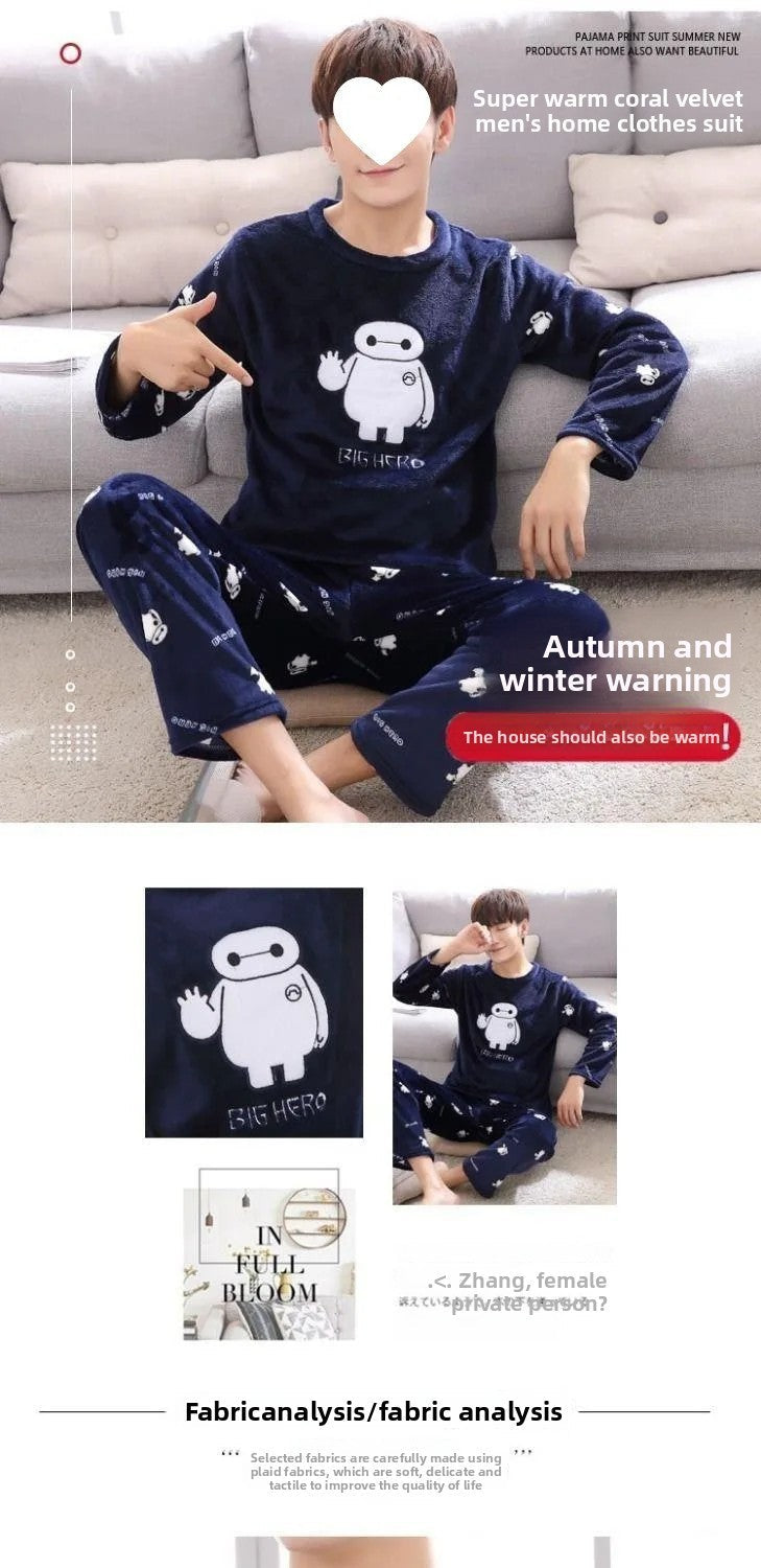 Thickened Flannel Sleepwear Set for Men Winter Home Clothes Coral Fleece Lined Autumn Winter Style Overhead Mens Nightgown