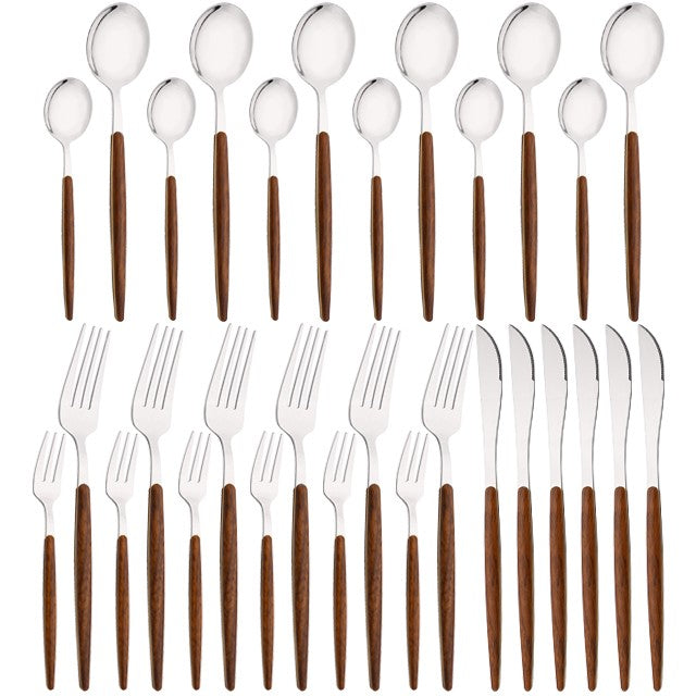 16/24/36Pcs Dinnerware Set Stainless Steel Imitation Wooden Handle Clamp Western Knife Fork Spoon Cutlery Tableware Silverware