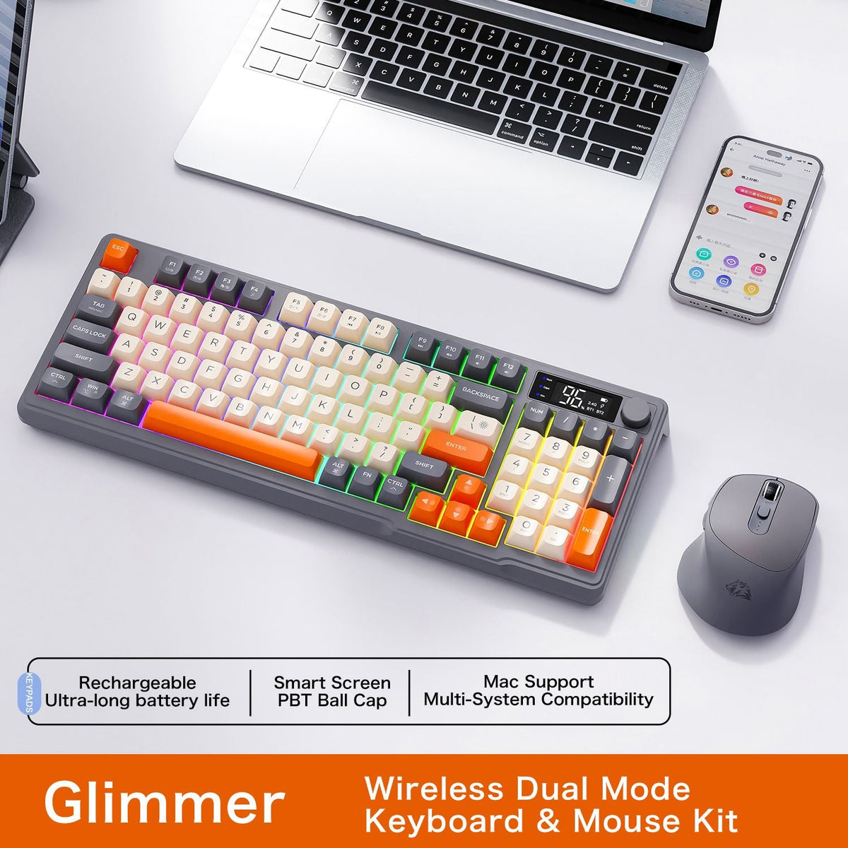 FreeWolf M96 Wireless Keyboard with Screen,Gaming Keyboard Bluetooth Dual-Mode Connection,Multi-Device Linking,Ergonomic