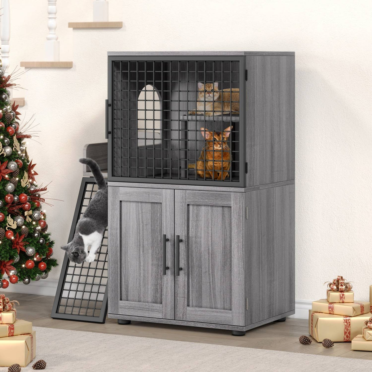 Cat Litter Box Enclosure with Platform,Double Layer Cat Litter Hidden Furniture,Cat Washroom Furniture,Cat House with Ladder
