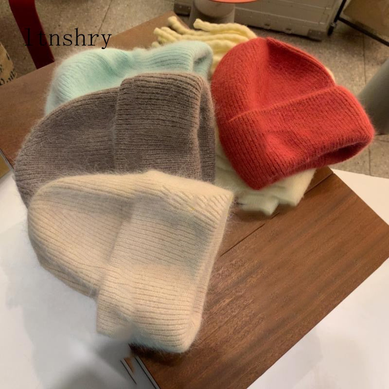 Rabbit Fur Beanies Soft Warm Fluffy Winter Hat for Women Angora Knitted Hat Skullies Beanies Female Bonnet Woman Knit Cap