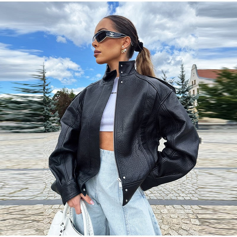 Street Stand Collar Women's Leather Jacket Loose Long Sleeve Zipper Pockets Chic Female Coats 2025 Autumn Winter Lady Outerwear