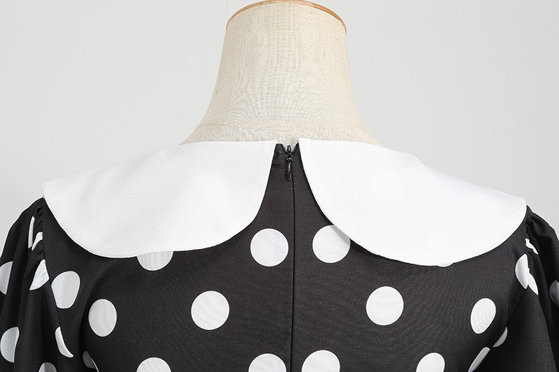 Elegant Women Summer Dress Puff Short Sleeve Polka Dot Peter pan Collar Vintage A-line Midi Long Party Sundress