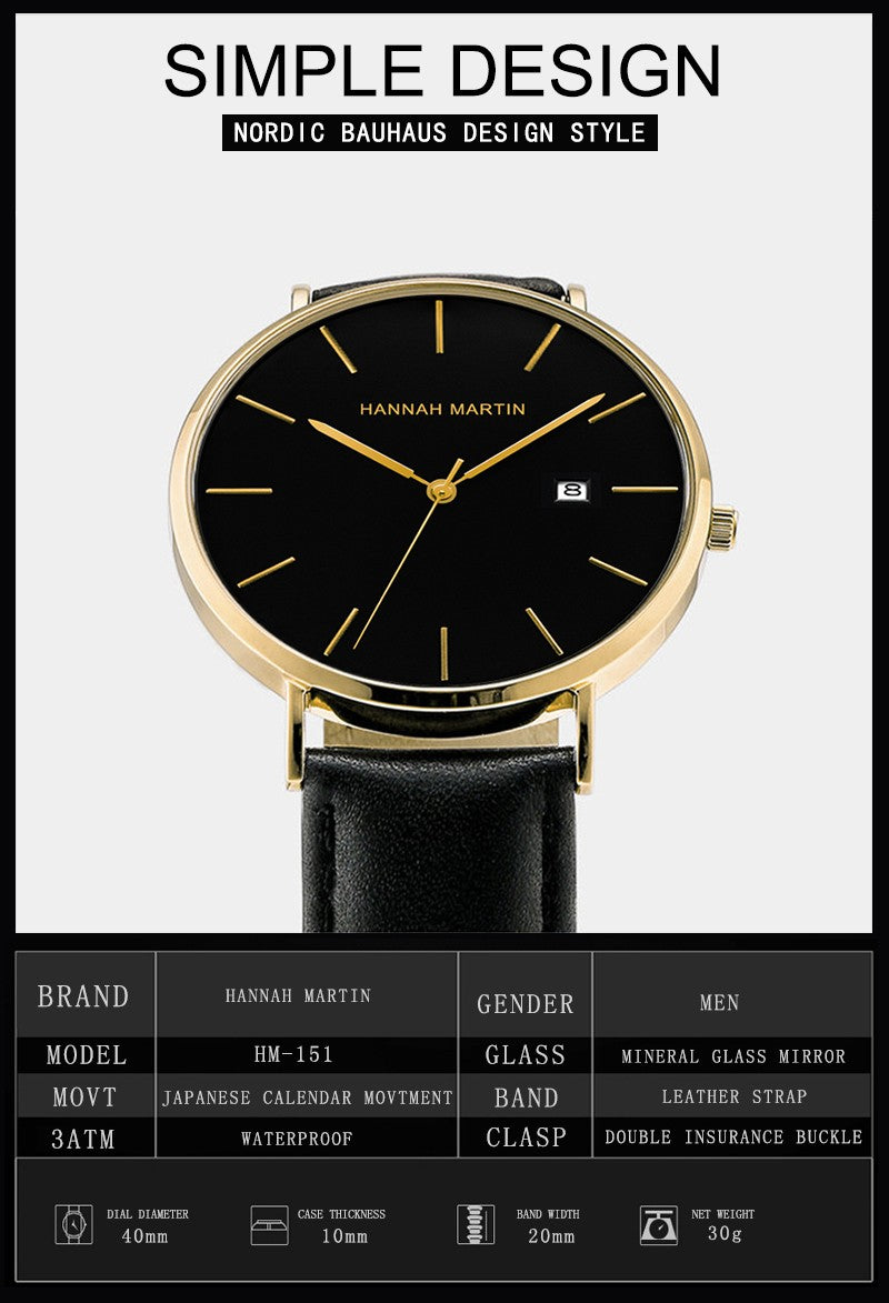 Classic Bauhaus Design Men Watch Dark Blue Japan Quartz Waterproof Stainless Steel Fashion Business Calendar Ultra Thin Watches