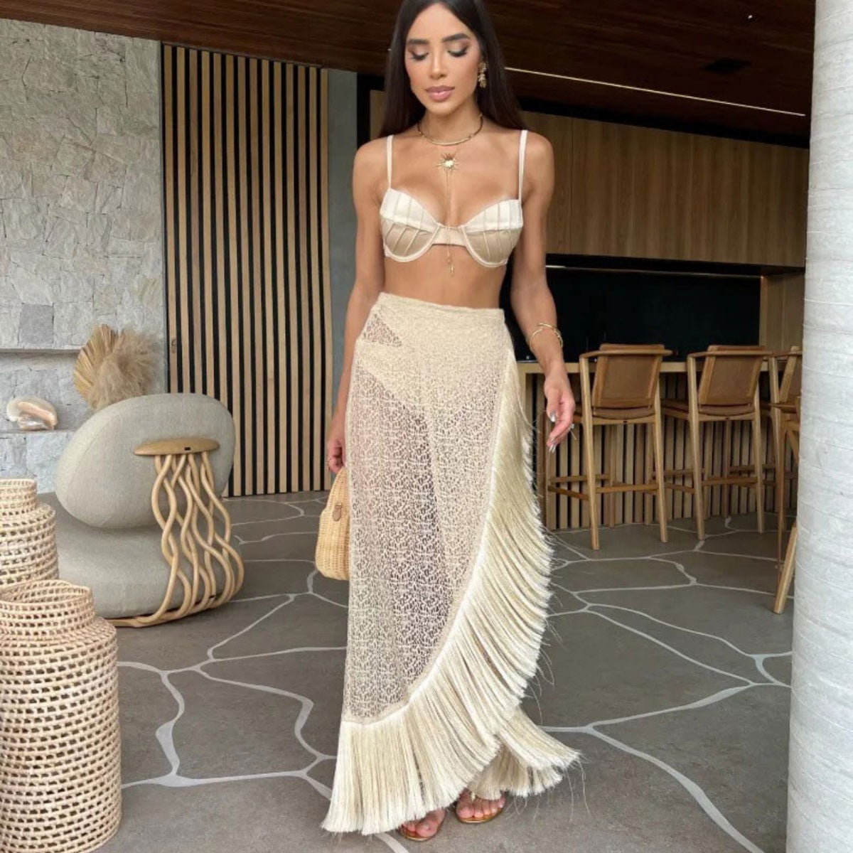 Swimsuit 3 Pcs Set with Tassel Skirt Bikini Women Swimsuit Button High Waist Swimwear Bathing Suit Beachwear Biquini