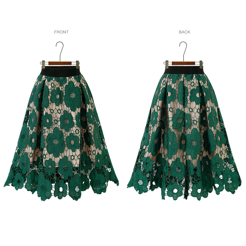 Summer Boho Lace Skirts Women Vintage Mesh Hollow Out Plus Size Skirt Elastic Waist Elegant A-Line Midi Saias Black Red Green