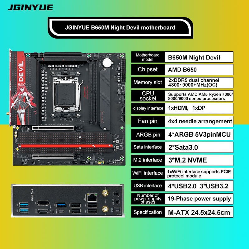 AM5 Motherboard DDR5 96GB GAMING AMD B650 Chipset WiFi 6 PCIe 4.0 3x M.2 USB 3.2 Type-C 9000MHz for AMD Ryzen 7 9700X, Mirco ATX