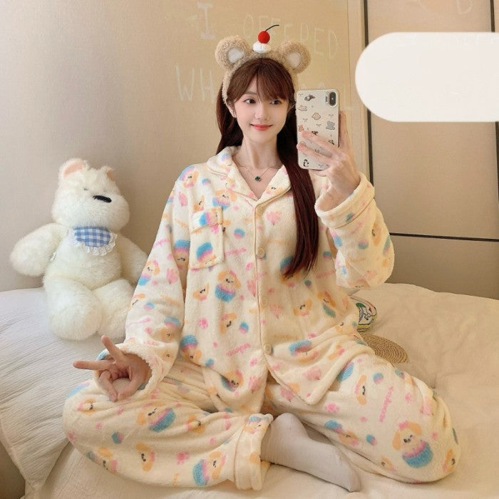 Winter Pajamas Lapel Neck Women's Pajamas Long Sleeve Kawaii Dog Warm Sleepwear Harajuku Style Cute Casual Pajamas Two-Piece