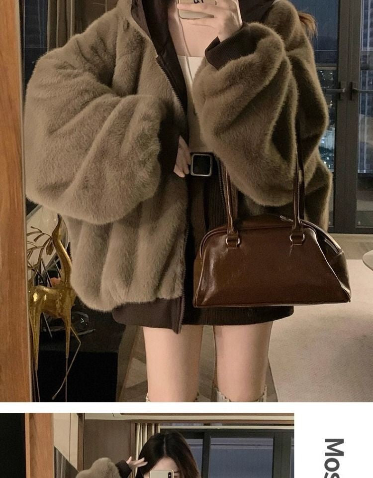 American Retro Reversible Velvet Zipper Hooded Jacket Women Winter Fashion Street Thick Loose Warm Harajuku Casual Plush Jacket