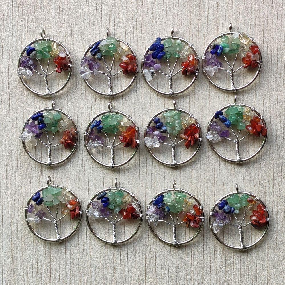Natural Amethysts Roses Quartz Stone Handmade Wire Wrapped Tree of Life Pendants 30mm for Jewelry Marking Wholesale 12pcs/lot