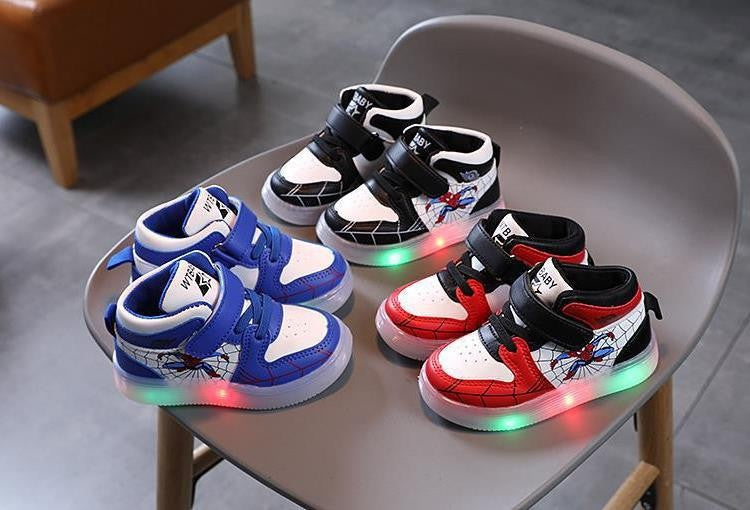 Disney Children's Sneakers Boys Girls Spiderman Led Light Sport Shoes Student Shoes Hook Anti-slip Kids Outdoor Basket Shoes