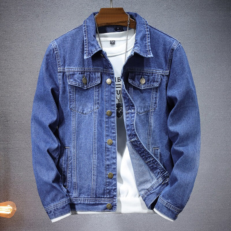 Men's casual denim jacket for spring and fall, metallic single-breasted denim jacket size M-5XL