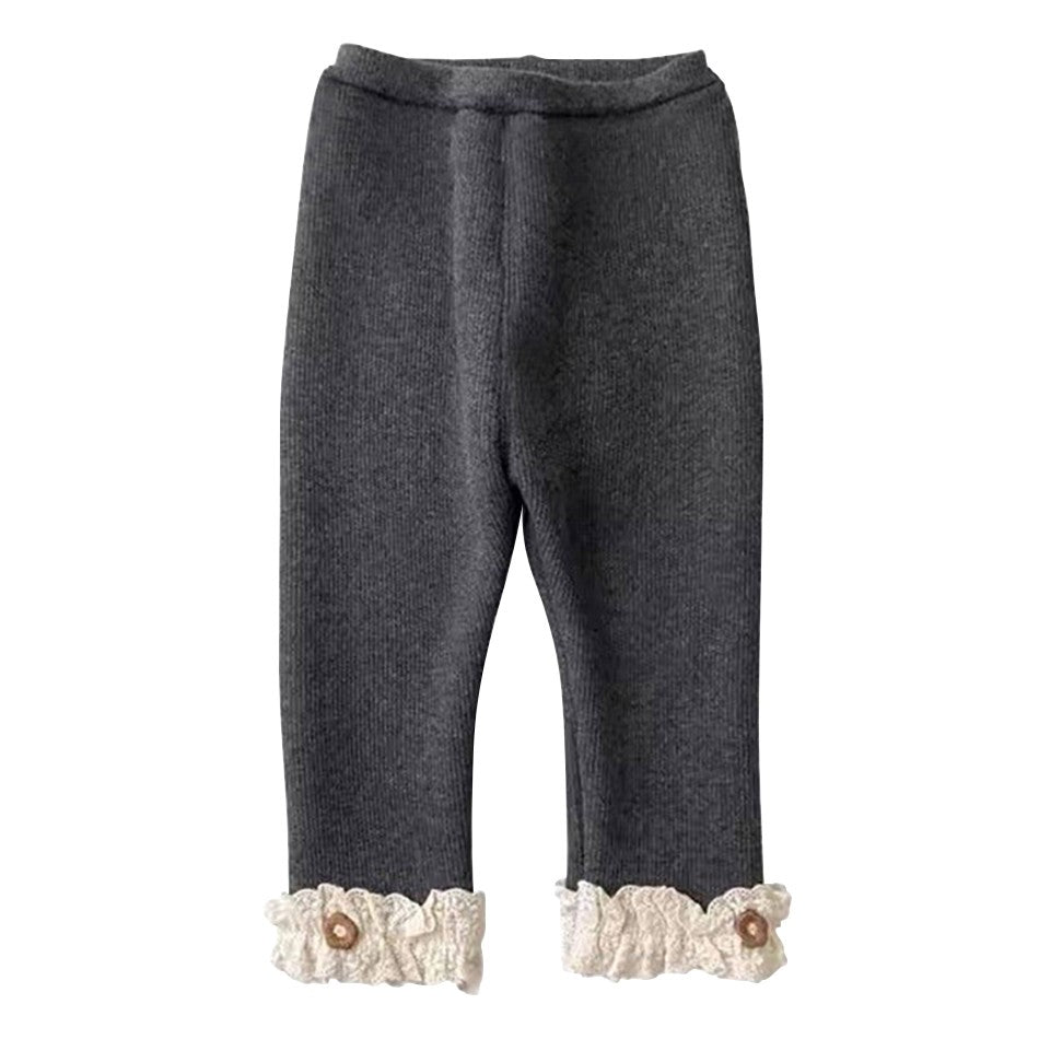 Girls Fleece Lined Leggings Children Fashion Lace Trim Slim Fit Thermal Pants Kids Winter Warm Outwear Casual Clothes