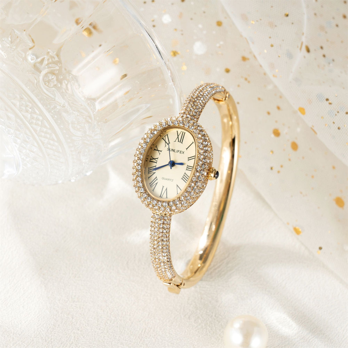 New Luxury Elegant ladies' Bracelet Wrist Watch Roman Numeral Inlaid Rhinestones Oval Waterproof Women's Quartz Watch Reloj