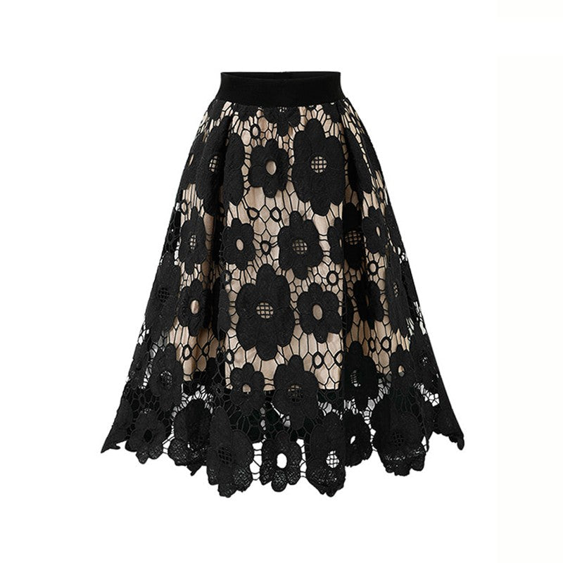 Summer Boho Lace Skirts Women Vintage Mesh Hollow Out Plus Size Skirt Elastic Waist Elegant A-Line Midi Saias Black Red Green
