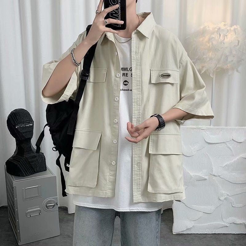 Shirts For Men With Pocket Cargo Man Shirt Loose Korean Style Casual Asia Cool Hipster Original Half Sleeve Fashion Collar I Xxl