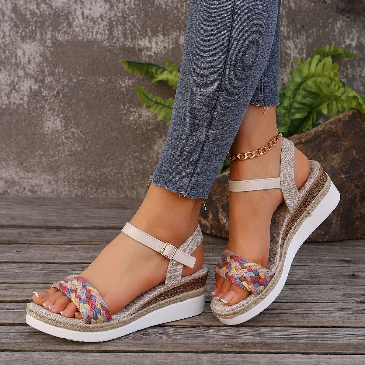 Summer Women's High Heel Sandals Heel Large Size Colorful Braided Rope Sandalias De Mujer Outdoor Versatile Zapatillas De Mujer