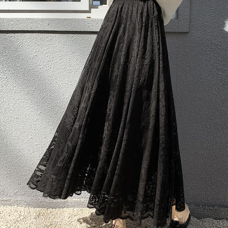 Plus Size plus Size Lace Hollow out f Skirt mid Waist Long Sle Fairy Skirt A-Line Umbrella Skirt Trendy Women's Clothing