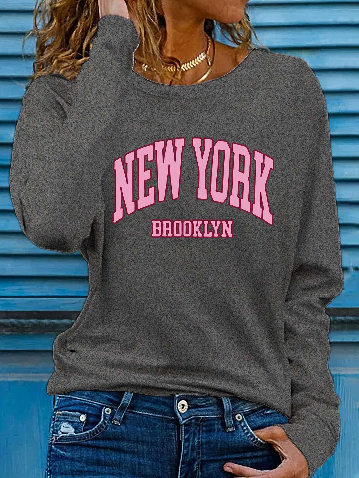Women's autumn and winter 100% pure cotton fashionable casual Brooklyn New York printed loose round neck long sleeved T-shirt