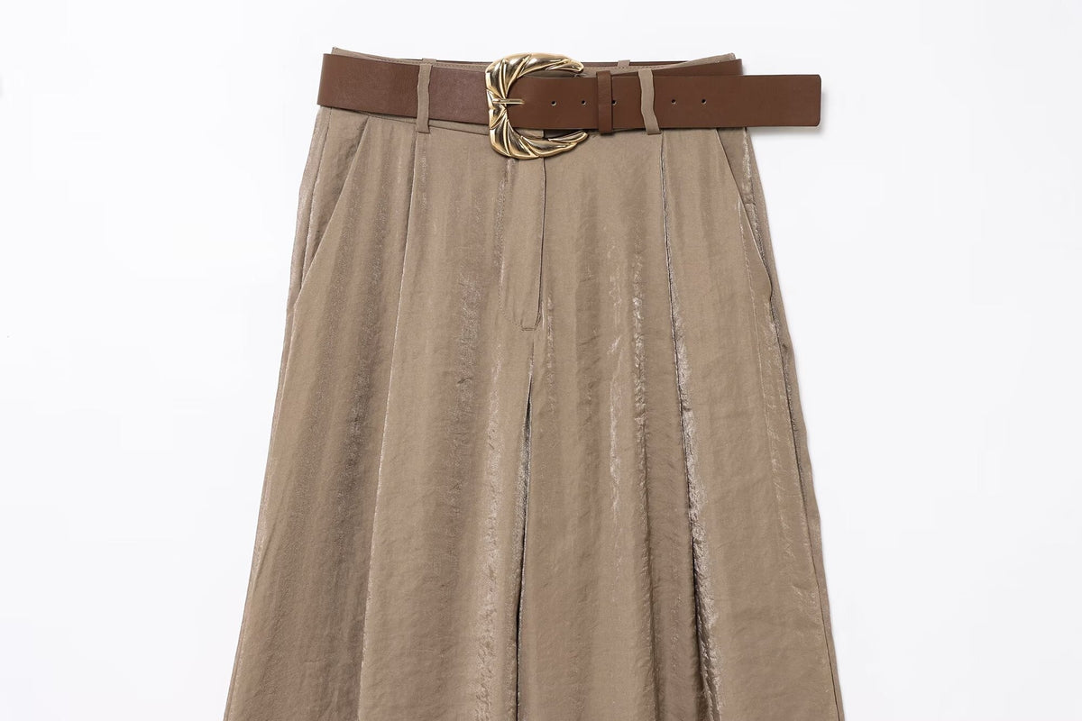 HH Women New Fashion Solid Belt Wrinkles Decorate Casual Loose Trousers Female Chic Zipper Side Pocket Slim Wide Leg Pants