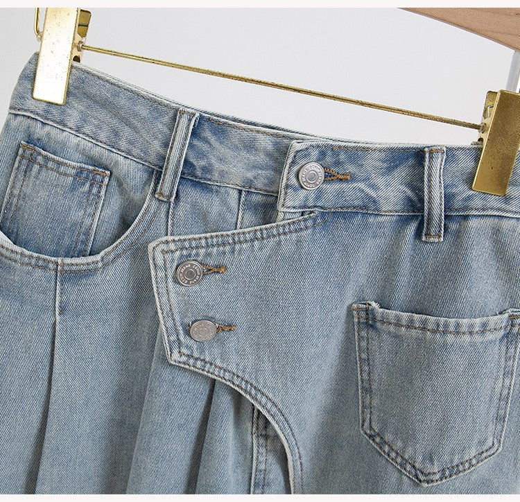 Plus Size Denim A Line Skirt With Lining 2024 Summer New Korean Fashion Pleated Midi Jean Skirt Woman Blue Color Jeans Skirts