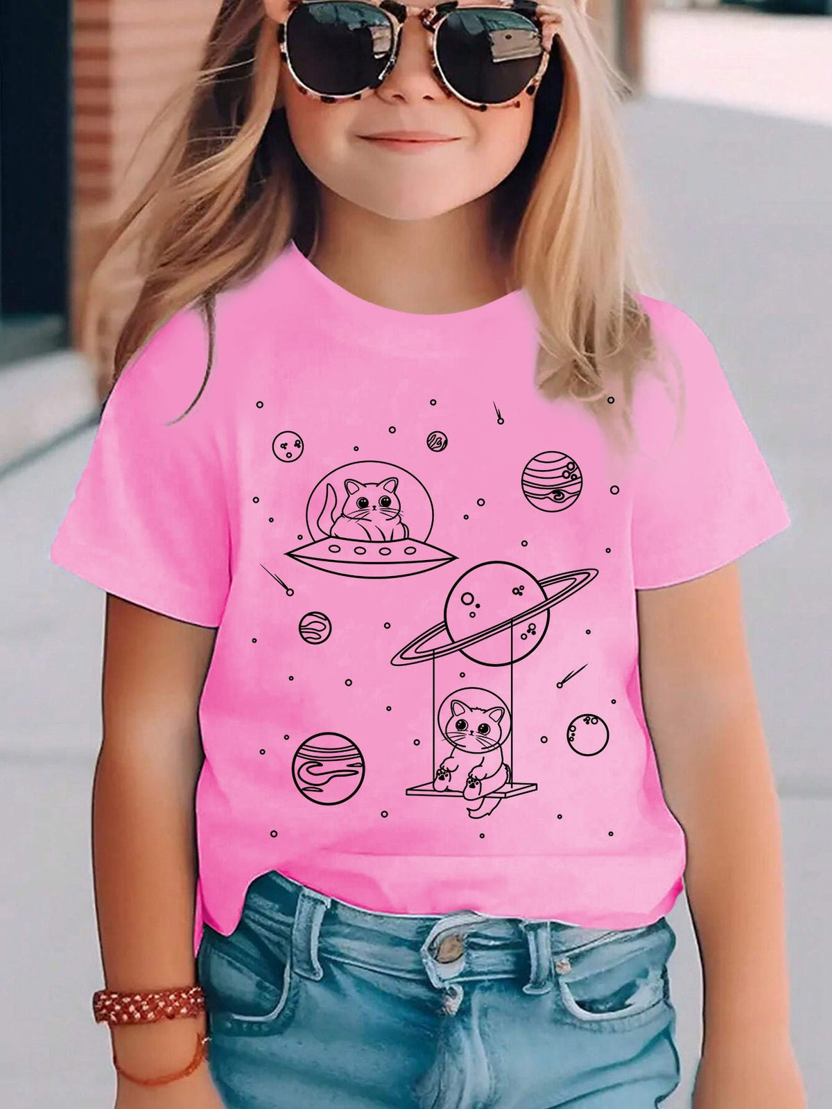 Space Cat Graphic T-Shirt for Children Girls Boys Fashion Casual Tops Space Girl Boy Tshirt Cute Cat Kids Wear Outfit Clothes