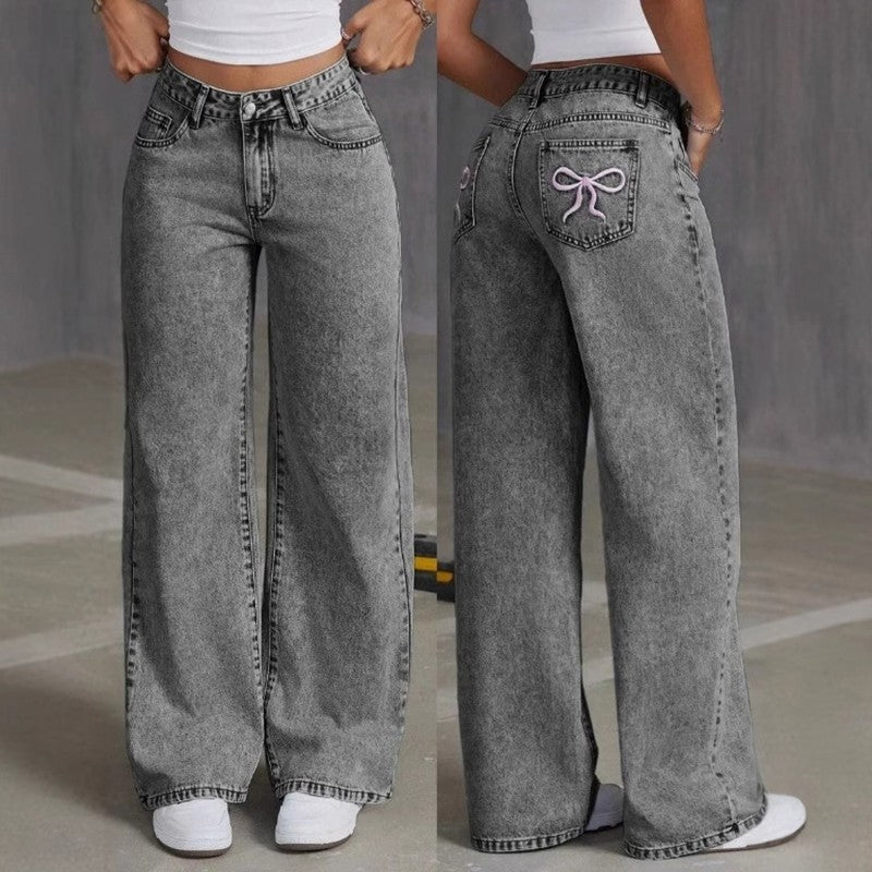 Bow Embroidered Jeans Women's Sweet Spicy Style High Waist Straight Leg Pants Loose Casual Wash High Street Denim Pants