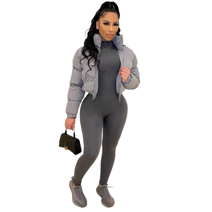 Jackets for Women Autumn Winter Fashin Long Sleeve Zipper Design Casual Plain O-Neck Daily Crop Puffer Jacket Coat