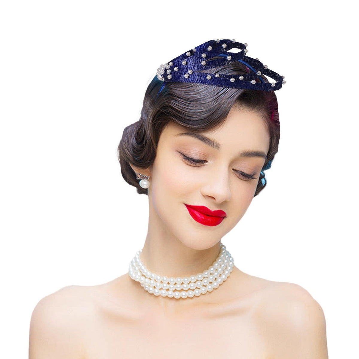 Royal Blue Fascinator Hat with Faux Pearls - Elegant Wedding Headdress, Derby Hats for Women, Cocktail Tea Party Church Events