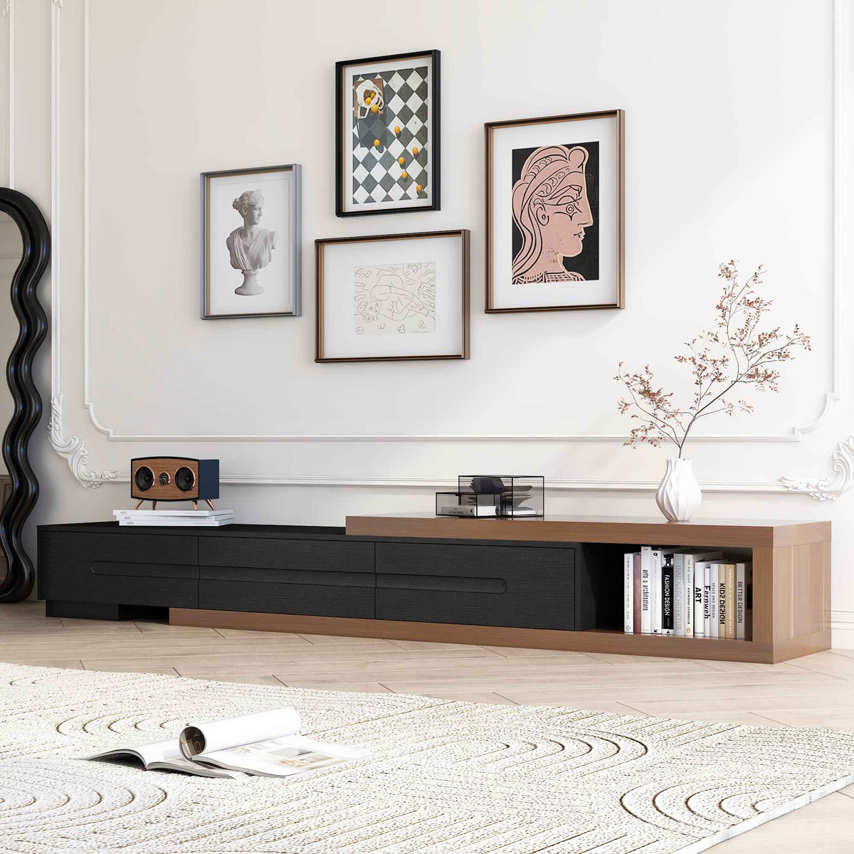 82-110'' Extendable TV Stand for Up to 120"TV, Wood Reversible TV Media Console w/3 Drawers & Open Storage Shelf for Living Room