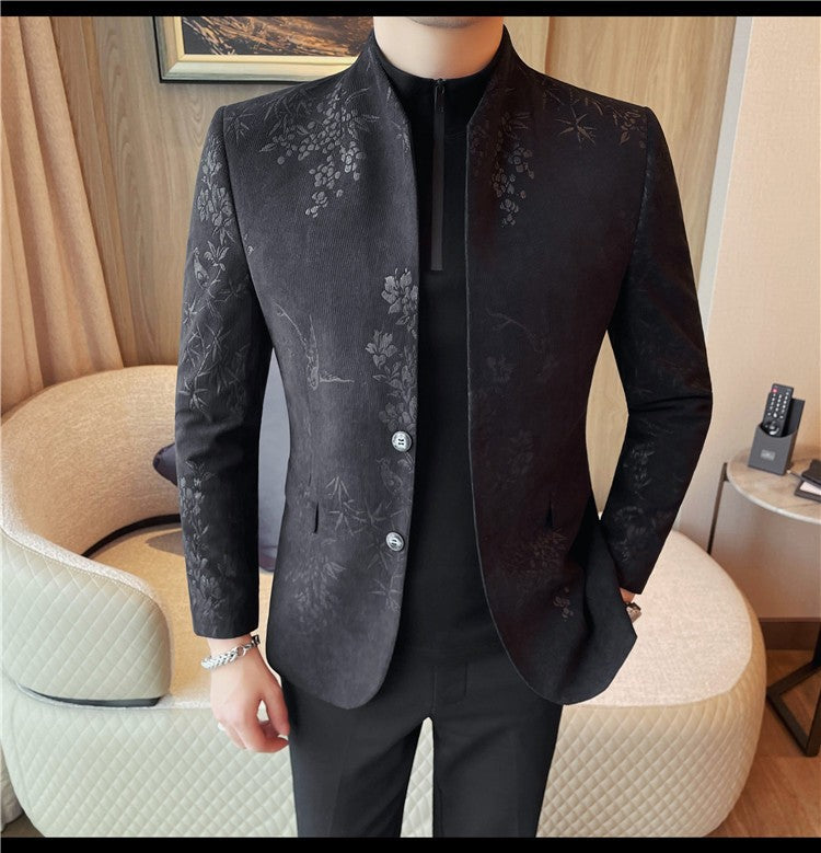 Men's New Chinese Stand Collar Blazer Jacket 2025 Fashion Elegant Printed Slim Fit Business Suits Jacket Tailcoat Men Clothing
