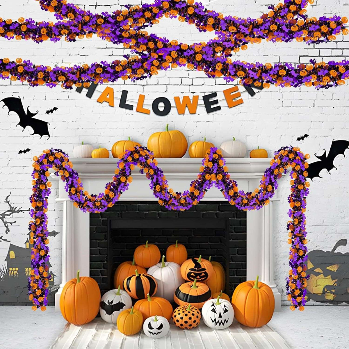 Halloween Tinsel Garland 2M Purple Tinsel Garland with Pumpkin Bat, Halloween Decoration for Indoor Outdoor Garden Party Porch